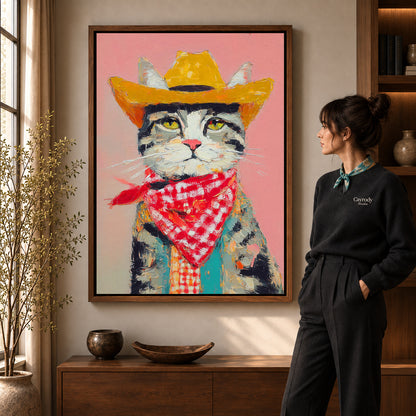 Walnut framed cowboy cat canvas art with the complete artwork displayed in a warm living room.