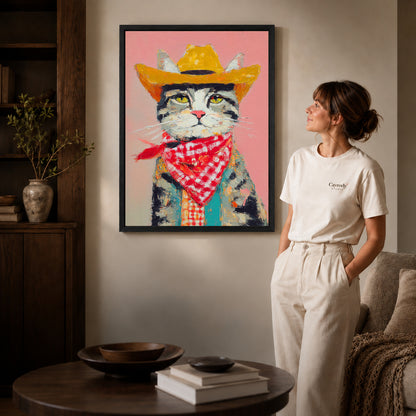 Black framed cowboy cat canvas art displayed beside a woman with natural light across the wall.
