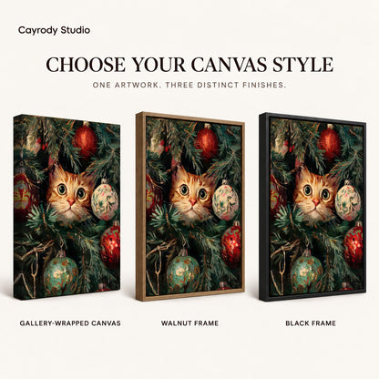 Christmas Kitten Canvas Art shown in gallery wrapped canvas, walnut frame, and black frame finishes.
