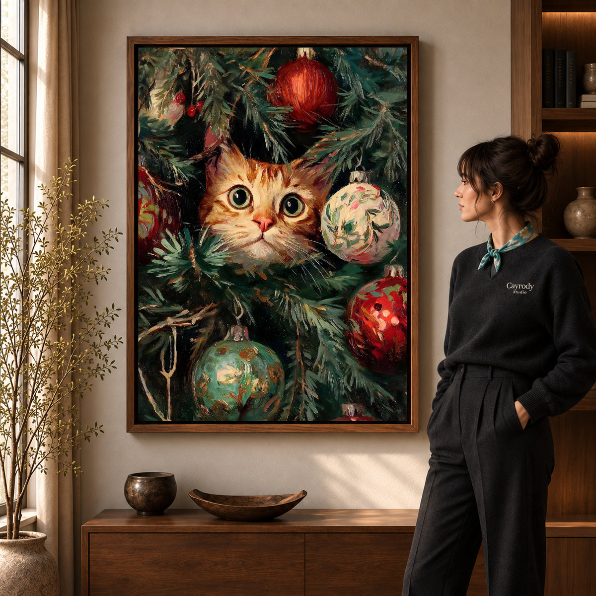 Walnut framed christmas kitten canvas art with the complete artwork displayed in a warm living room.