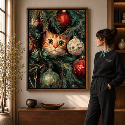 Walnut framed christmas kitten canvas art with the complete artwork displayed in a warm living room.