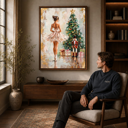 Christmas Ballet Canvas Art displayed in a walnut frame above wooden furniture beside a seated man.