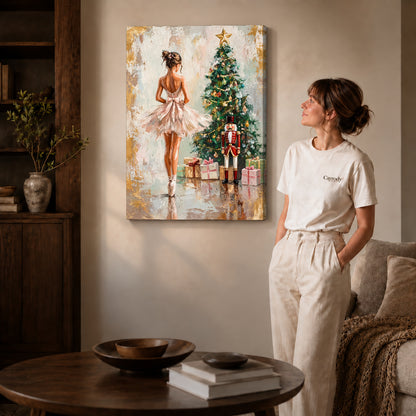 Christmas Ballet Canvas Art on gallery wrapped canvas with visible depth beside a woman in white.