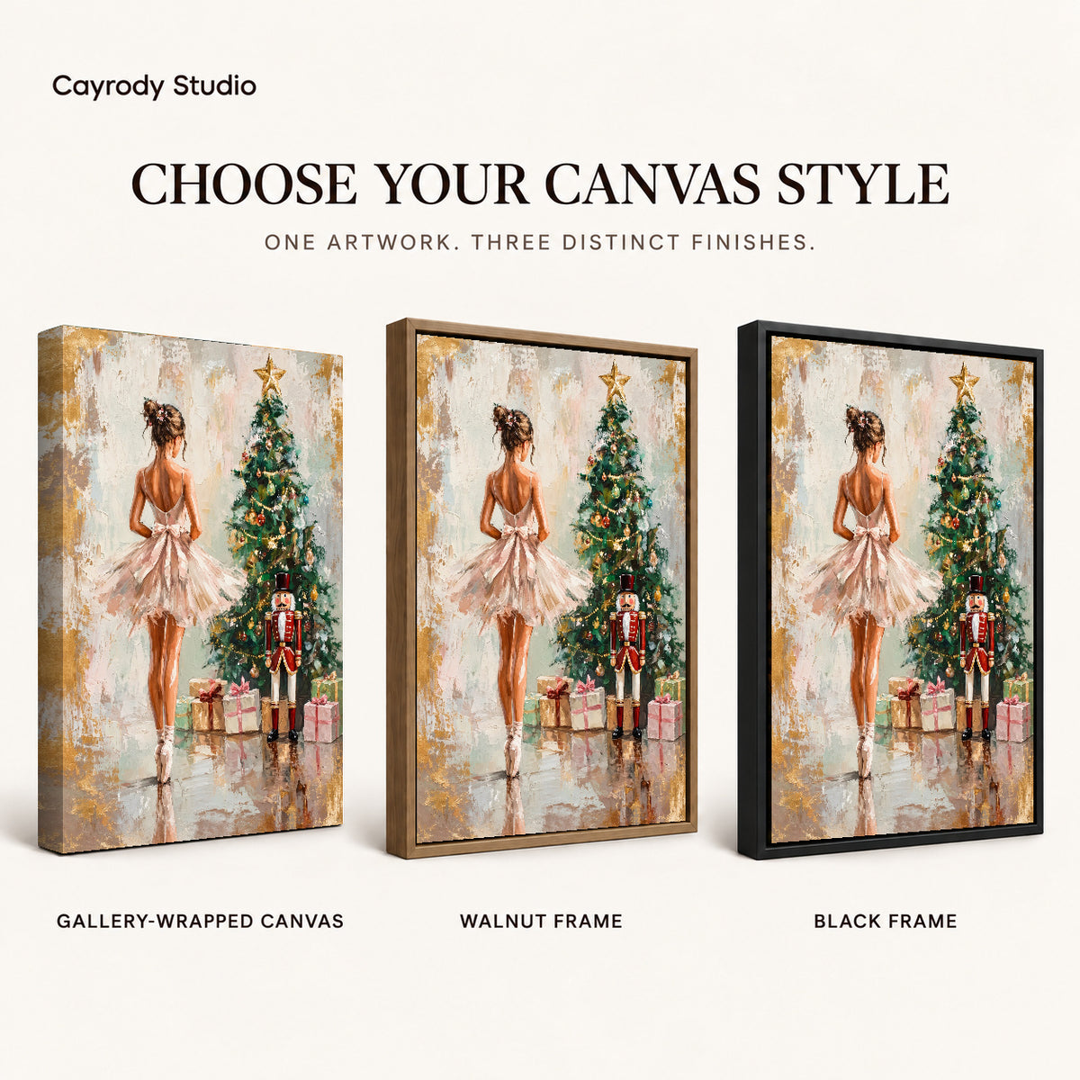Christmas Ballet Canvas Art shown in gallery wrapped canvas, walnut frame, and black frame finishes.