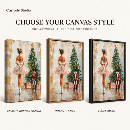 Christmas Ballet Canvas Art shown in gallery wrapped canvas, walnut frame, and black frame finishes.