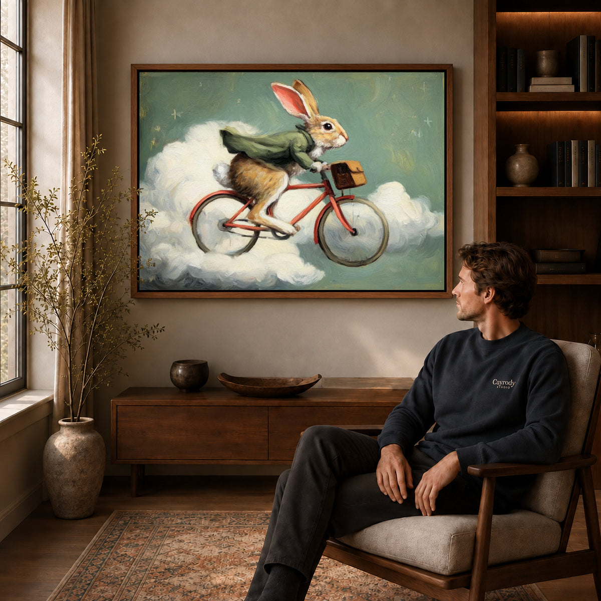 Rabbit Canvas Art displayed in a walnut frame above wooden furniture beside a seated man.