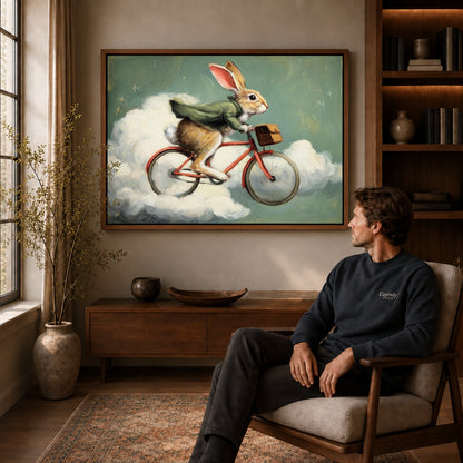 Rabbit Canvas Art displayed in a walnut frame above wooden furniture beside a seated man.