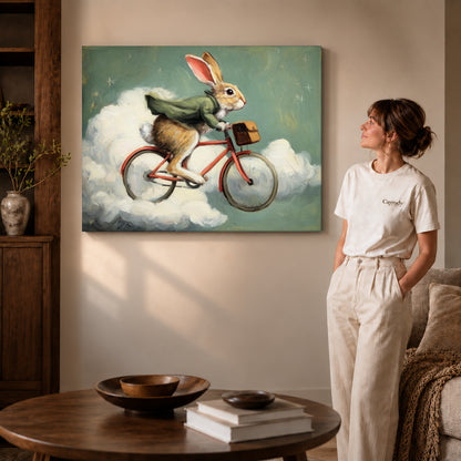 Rabbit Canvas Art on gallery wrapped canvas with visible depth beside a woman in white.