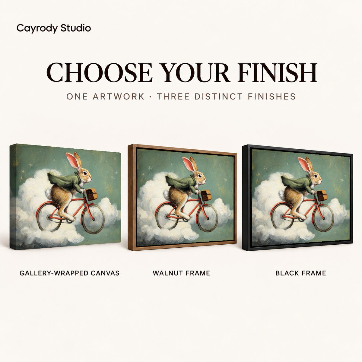 Rabbit Canvas Art shown in gallery wrapped canvas, walnut frame, and black frame finishes.