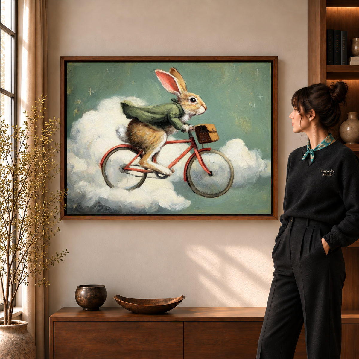 Walnut framed rabbit canvas art with the complete artwork displayed in a warm living room.