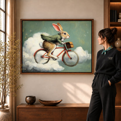 Walnut framed rabbit canvas art with the complete artwork displayed in a warm living room.