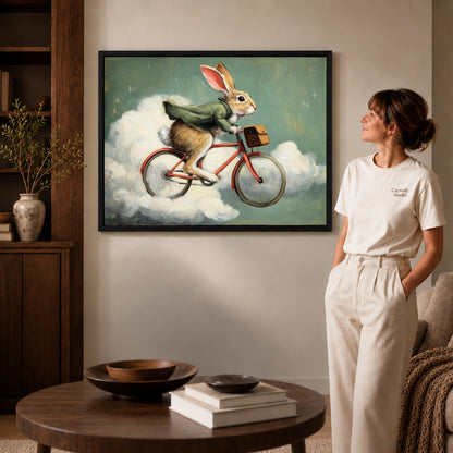 Black framed rabbit canvas art displayed beside a woman with natural light across the wall.