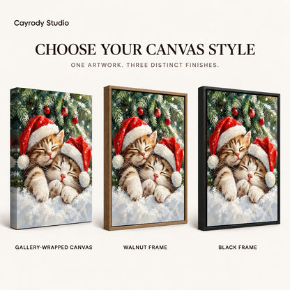 Christmas Kittens Canvas Art shown in gallery wrapped canvas, walnut frame, and black frame finishes.