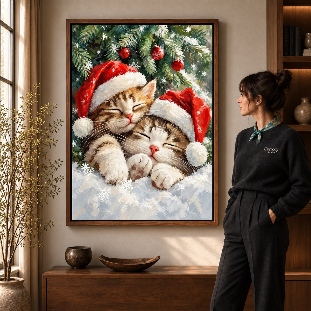 Walnut framed christmas kittens canvas art with the complete artwork displayed in a warm living room.
