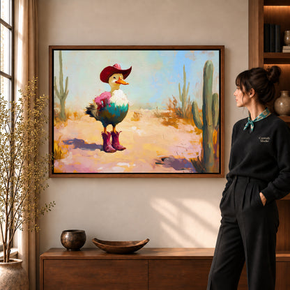 Cowboy Duck Canvas Art in a walnut frame beside a standing woman and warm wooden furniture.