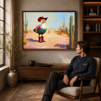 Cowboy Duck Canvas Art displayed in a walnut frame above wooden furniture beside a seated man.