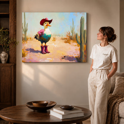 Cowboy Duck Canvas Art on gallery wrapped canvas with visible depth beside a woman in white.