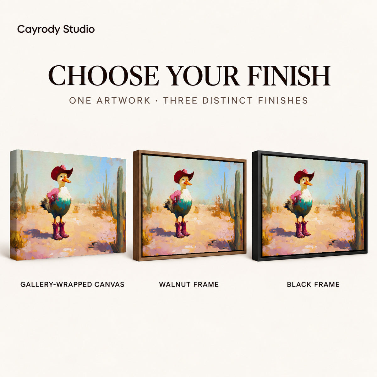 Cowboy Duck Canvas Art shown in gallery wrapped canvas, walnut frame, and black frame finishes.