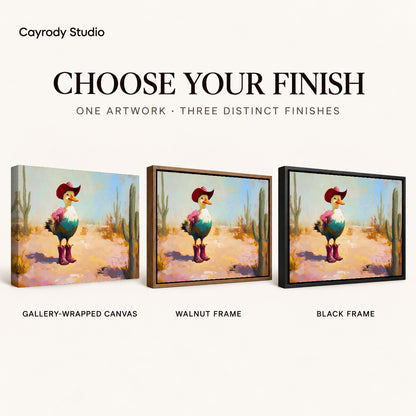 Cowboy Duck Canvas Art shown in gallery wrapped canvas, walnut frame, and black frame finishes.
