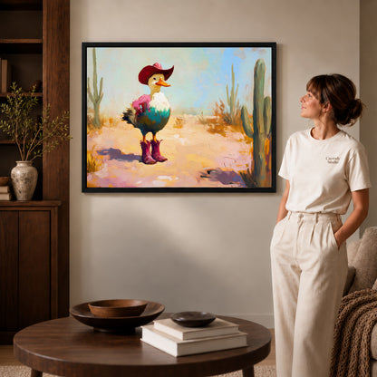 Black framed cowboy duck canvas art displayed beside a woman with natural light across the wall.
