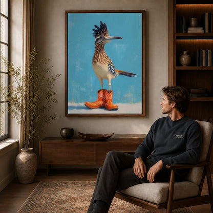 Roadrunner Canvas Art displayed in a walnut frame above wooden furniture beside a seated man.