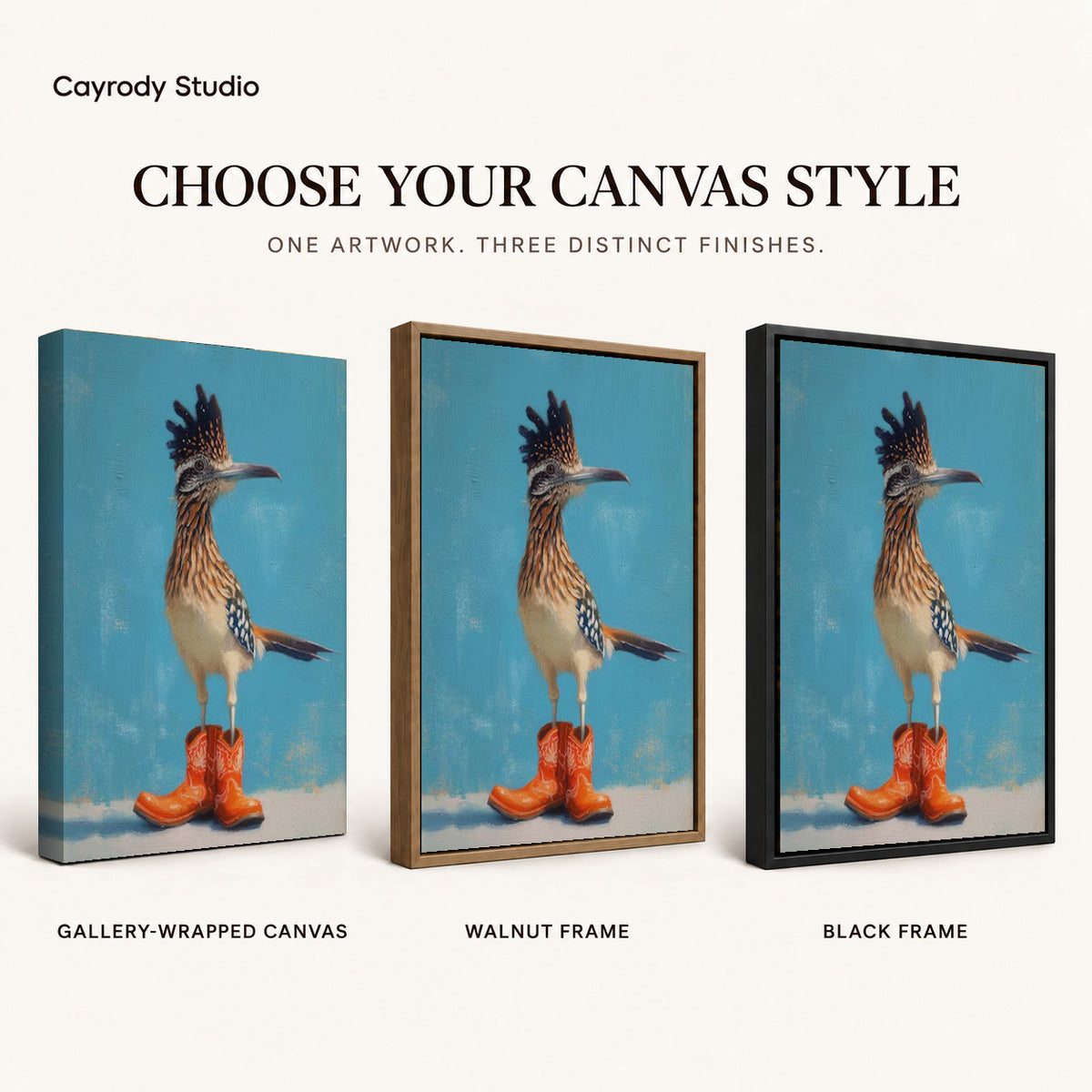 Roadrunner Canvas Art shown in gallery wrapped canvas, walnut frame, and black frame finishes.