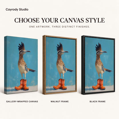 Roadrunner Canvas Art shown in gallery wrapped canvas, walnut frame, and black frame finishes.