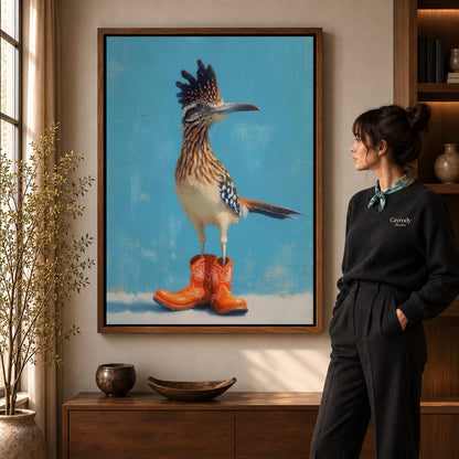 Walnut framed roadrunner canvas art with the complete artwork displayed in a warm living room.