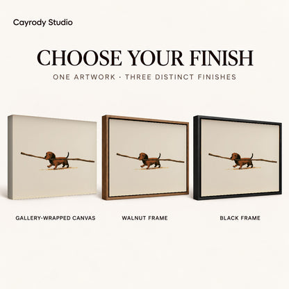 Dachshund Canvas Art shown in gallery wrapped canvas, walnut frame, and black frame finishes.