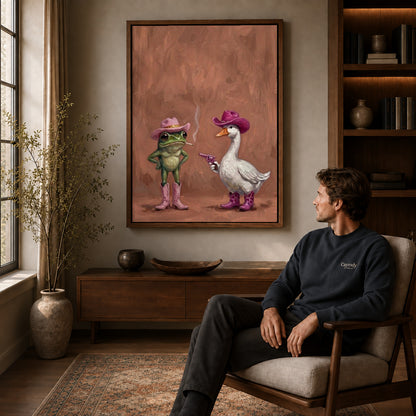 Frog Goose Canvas Art displayed in a walnut frame above wooden furniture beside a seated man.