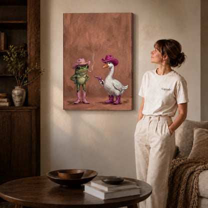 Frog Goose Canvas Art on gallery wrapped canvas with visible depth beside a woman in white.