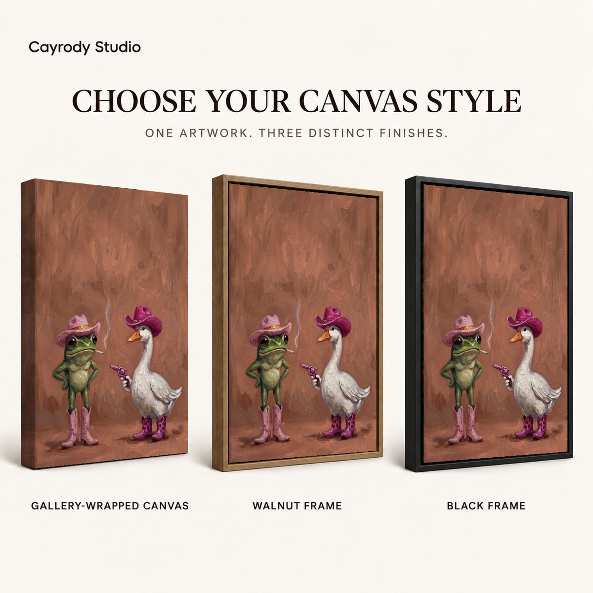 Frog Goose Canvas Art shown in gallery wrapped canvas, walnut frame, and black frame finishes.