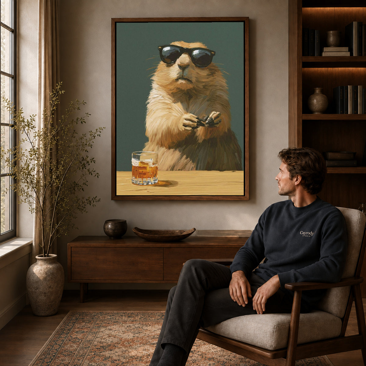 Marmot Canvas Art displayed in a walnut frame above wooden furniture beside a seated man.