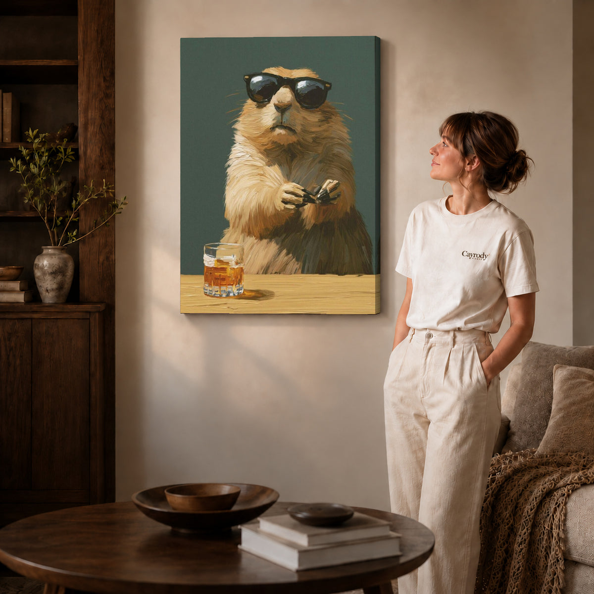 Marmot Canvas Art on gallery wrapped canvas with visible depth beside a woman in white.