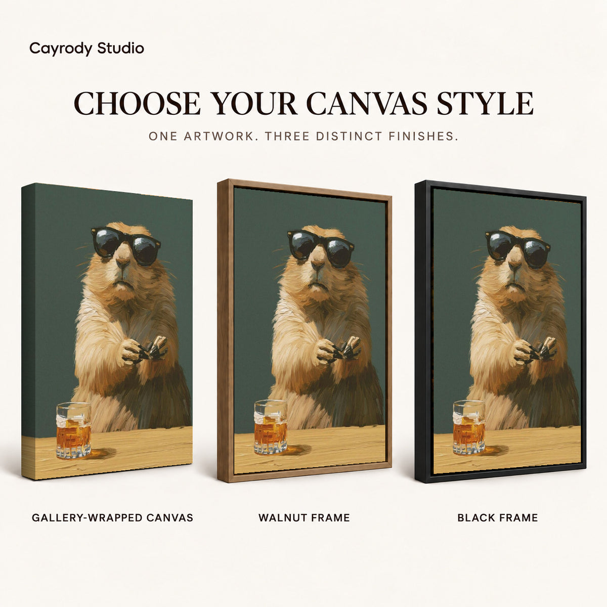 Marmot Canvas Art shown in gallery wrapped canvas, walnut frame, and black frame finishes.