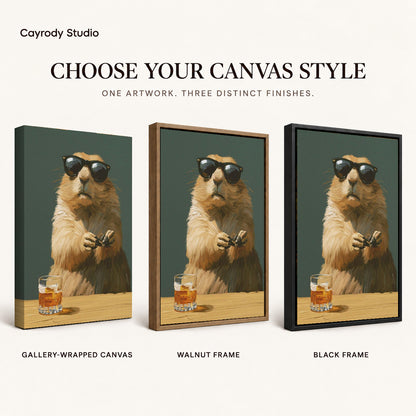 Marmot Canvas Art shown in gallery wrapped canvas, walnut frame, and black frame finishes.