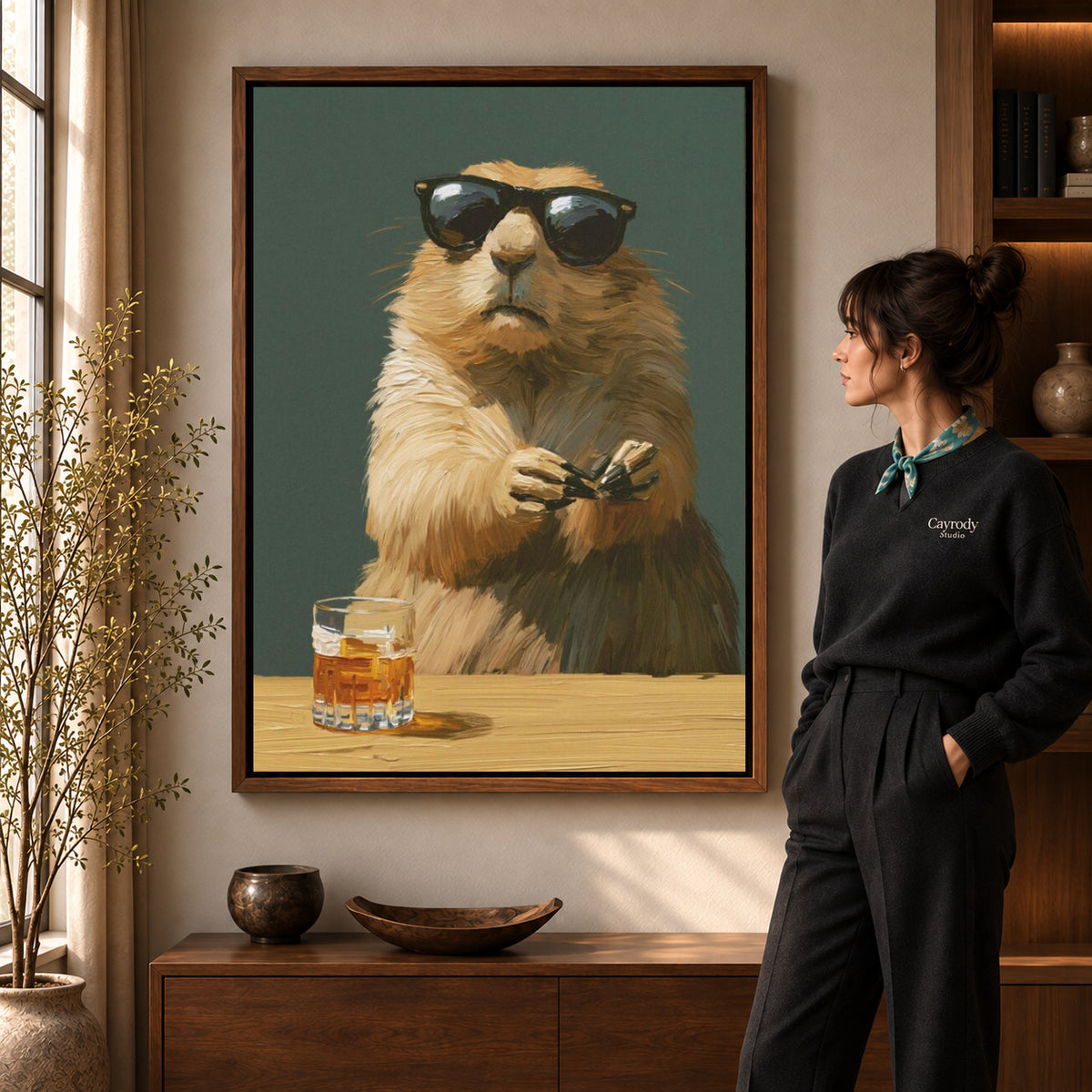 Walnut framed marmot canvas art with the complete artwork displayed in a warm living room.