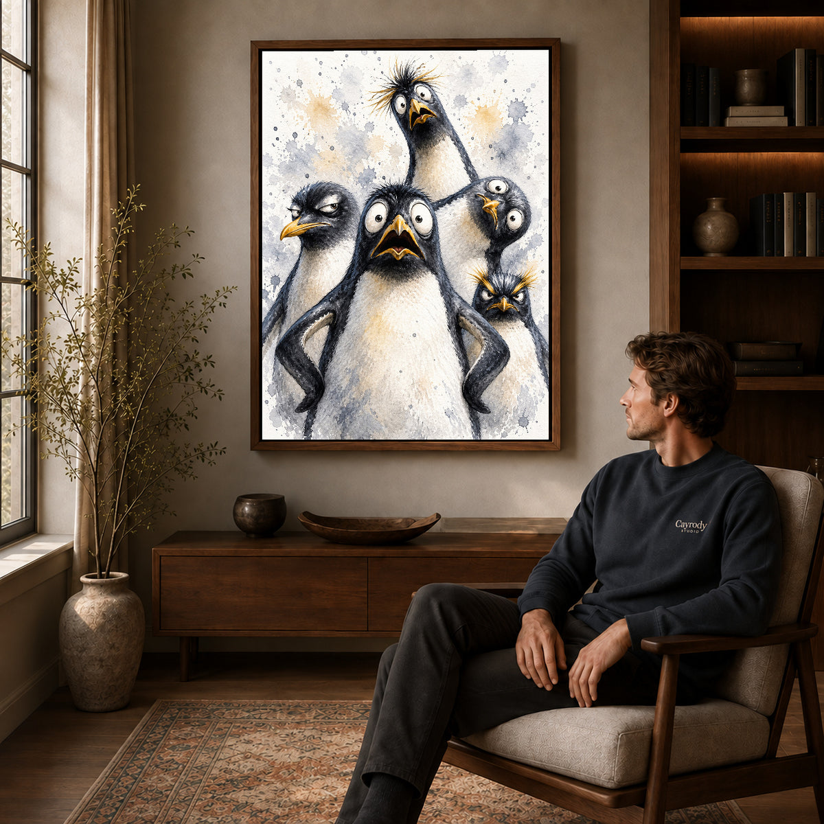 Funny Penguins Canvas Art displayed in a walnut frame above wooden furniture beside a seated man.