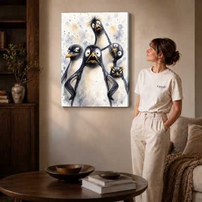 Funny Penguins Canvas Art on gallery wrapped canvas with visible depth beside a woman in white.