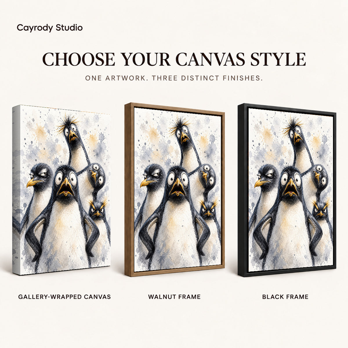 Funny Penguins Canvas Art shown in gallery wrapped canvas, walnut frame, and black frame finishes.