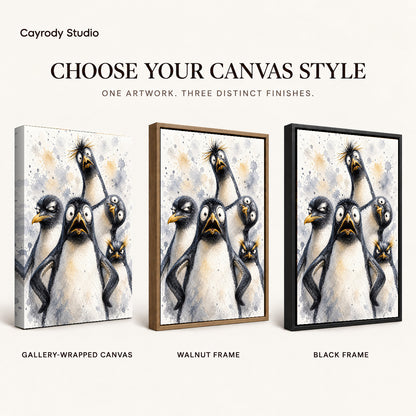 Funny Penguins Canvas Art shown in gallery wrapped canvas, walnut frame, and black frame finishes.