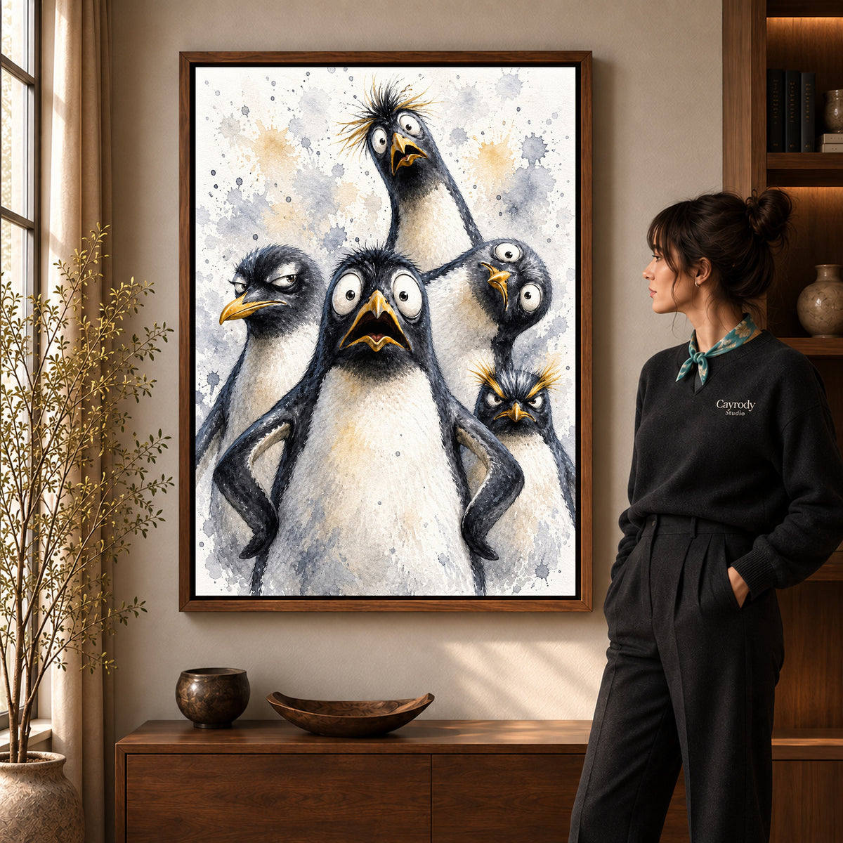 Walnut framed funny penguins canvas art with the complete artwork displayed in a warm living room.