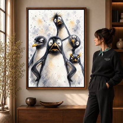 Walnut framed funny penguins canvas art with the complete artwork displayed in a warm living room.