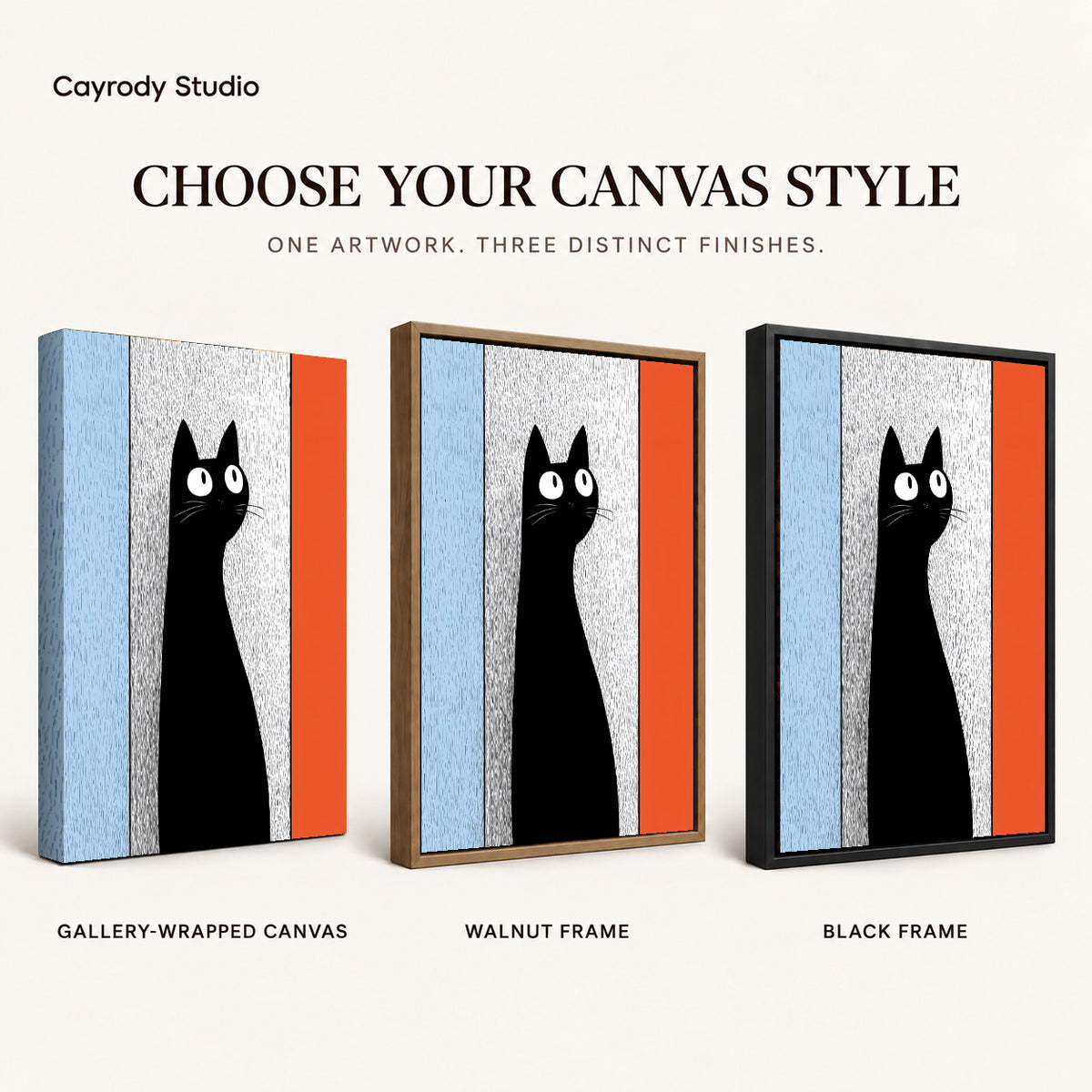 Black Cat Canvas Art shown in gallery wrapped canvas, walnut frame, and black frame finishes.