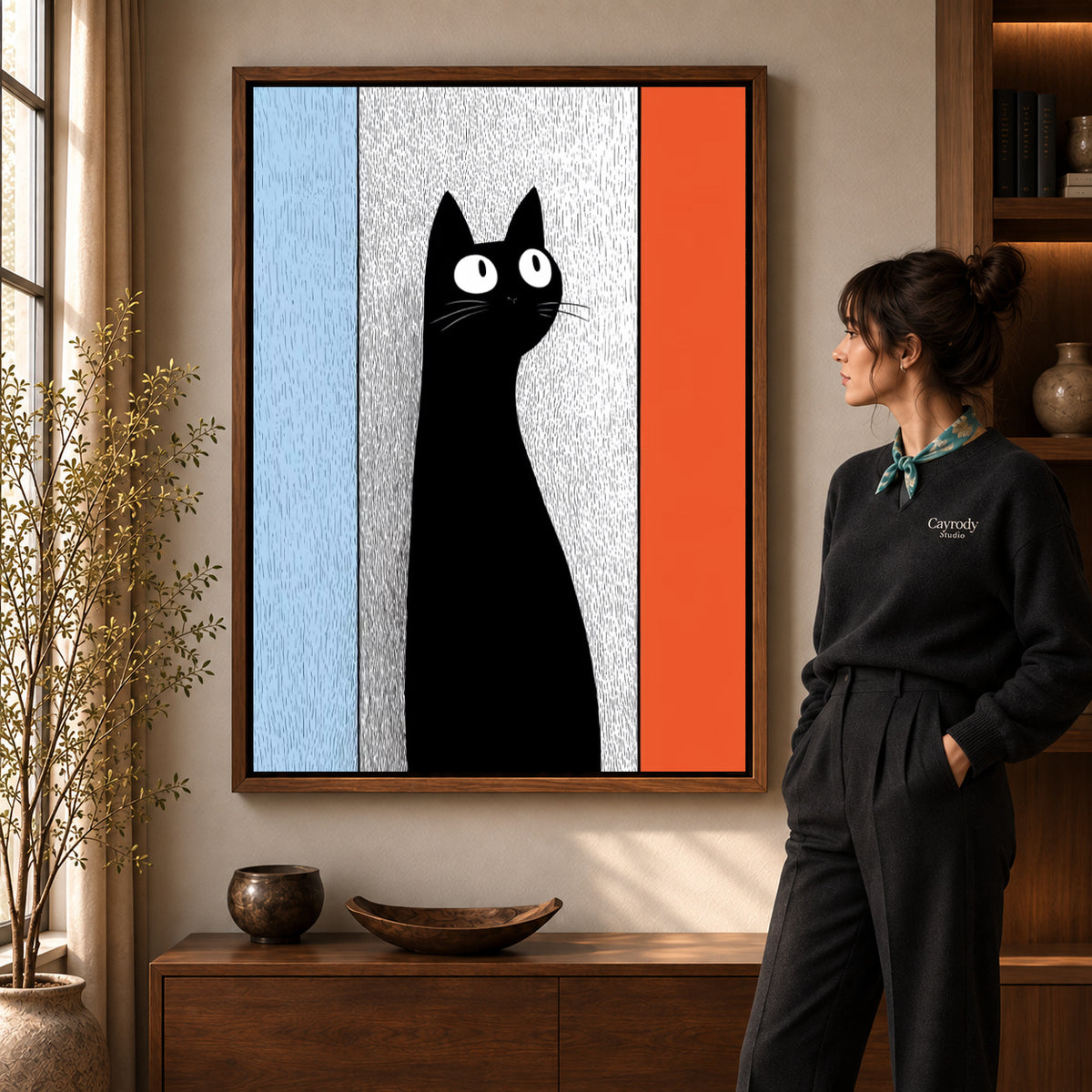 Walnut framed black cat canvas art with the complete artwork displayed in a warm living room.