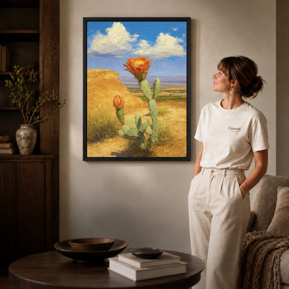 Cactus Canvas Art inside a black frame in a softly lit living room with books.