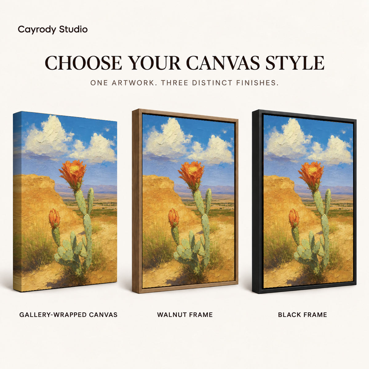 Cactus Canvas Art shown in gallery wrapped canvas, walnut frame, and black frame finishes.