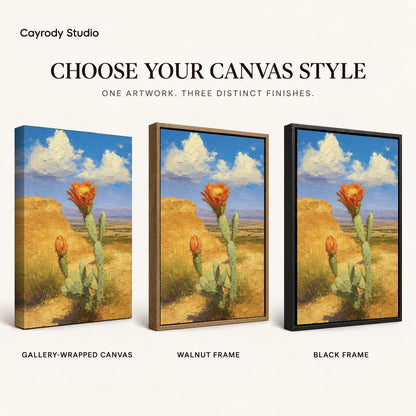 Cactus Canvas Art shown in gallery wrapped canvas, walnut frame, and black frame finishes.