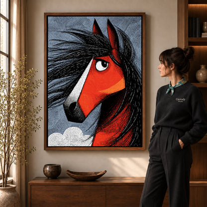 Red Horse Canvas Art in a walnut frame beside a standing woman and warm wooden furniture.