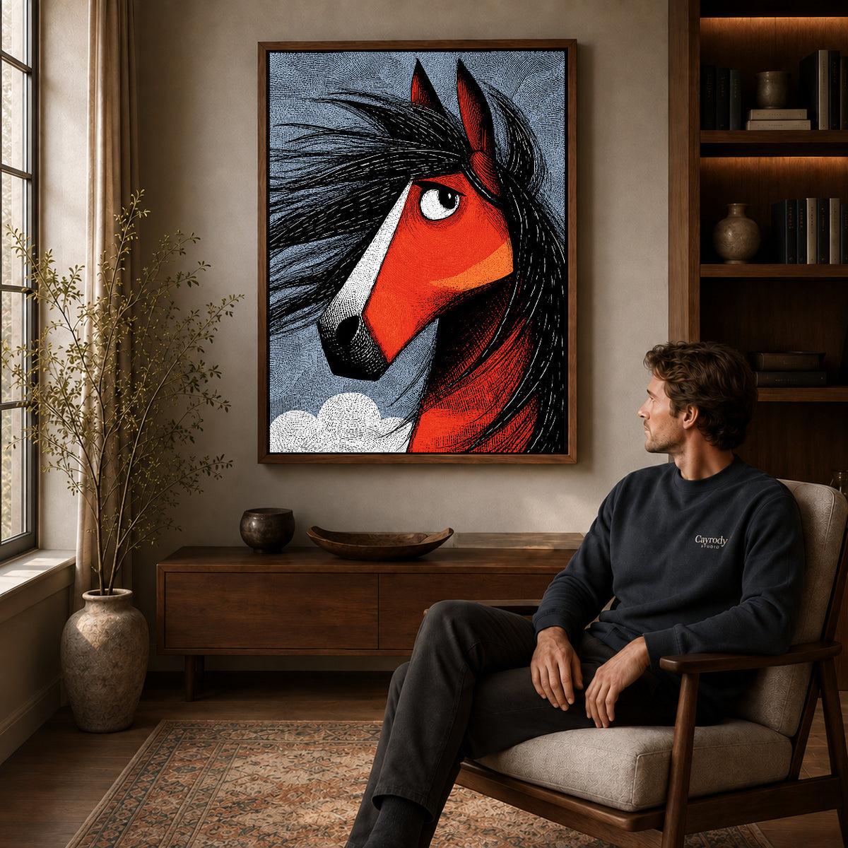 Red Horse Canvas Art displayed in a walnut frame above wooden furniture beside a seated man.